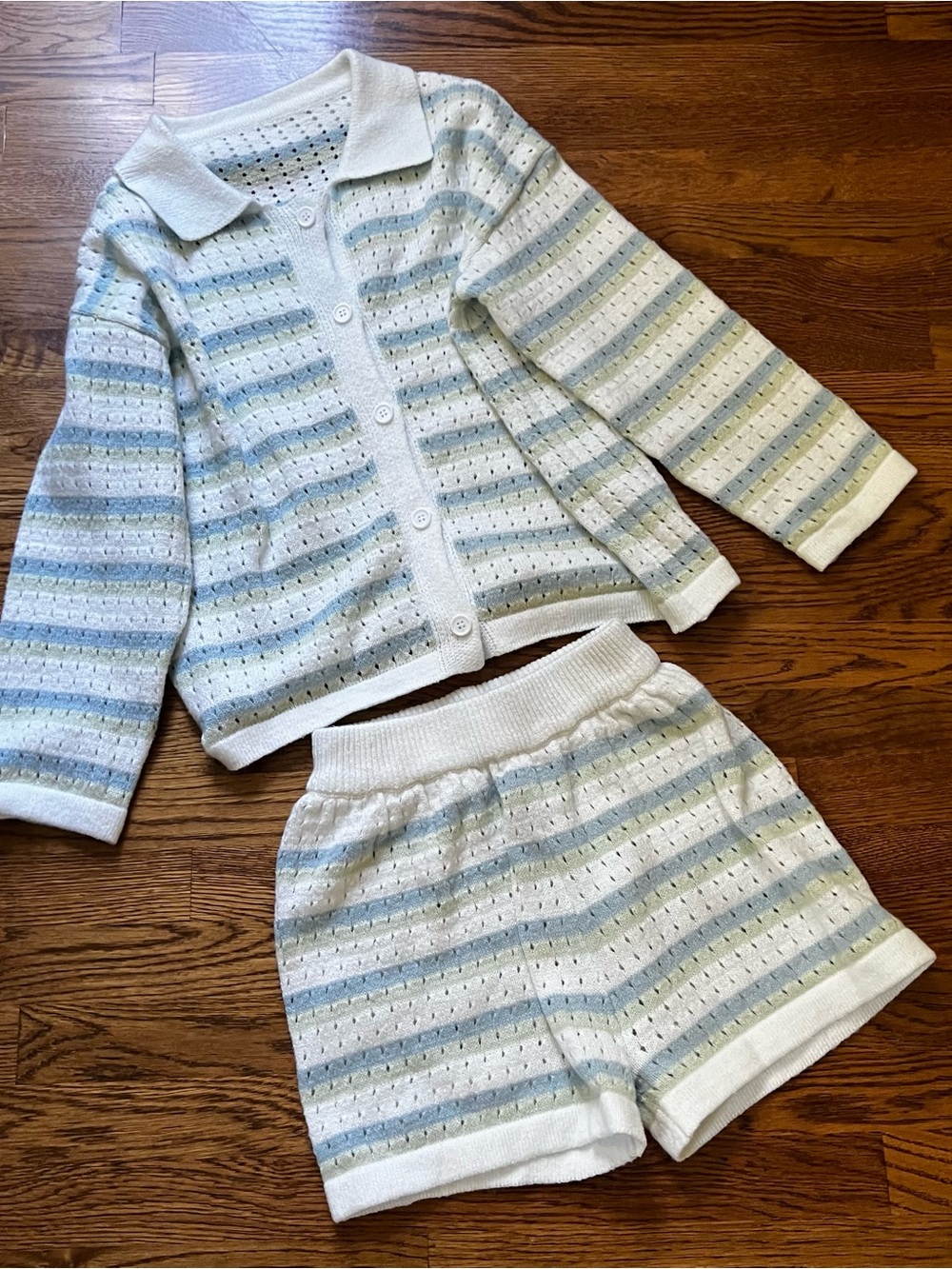 Women’s Two-Piece Striped Knit Set in White, Pastel Blue & Soft Green - Picture 6 of 7